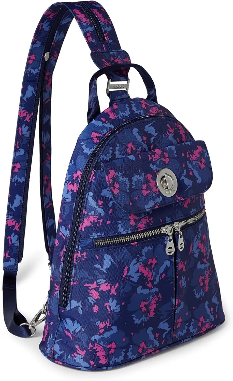 Baggallini Naples Convertible Small Daypack Sling Crossbody, Navy Garden