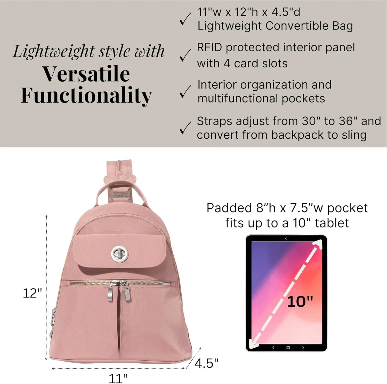 Baggallini Naples Convertible Small Daypack Sling Crossbody, Woodrose