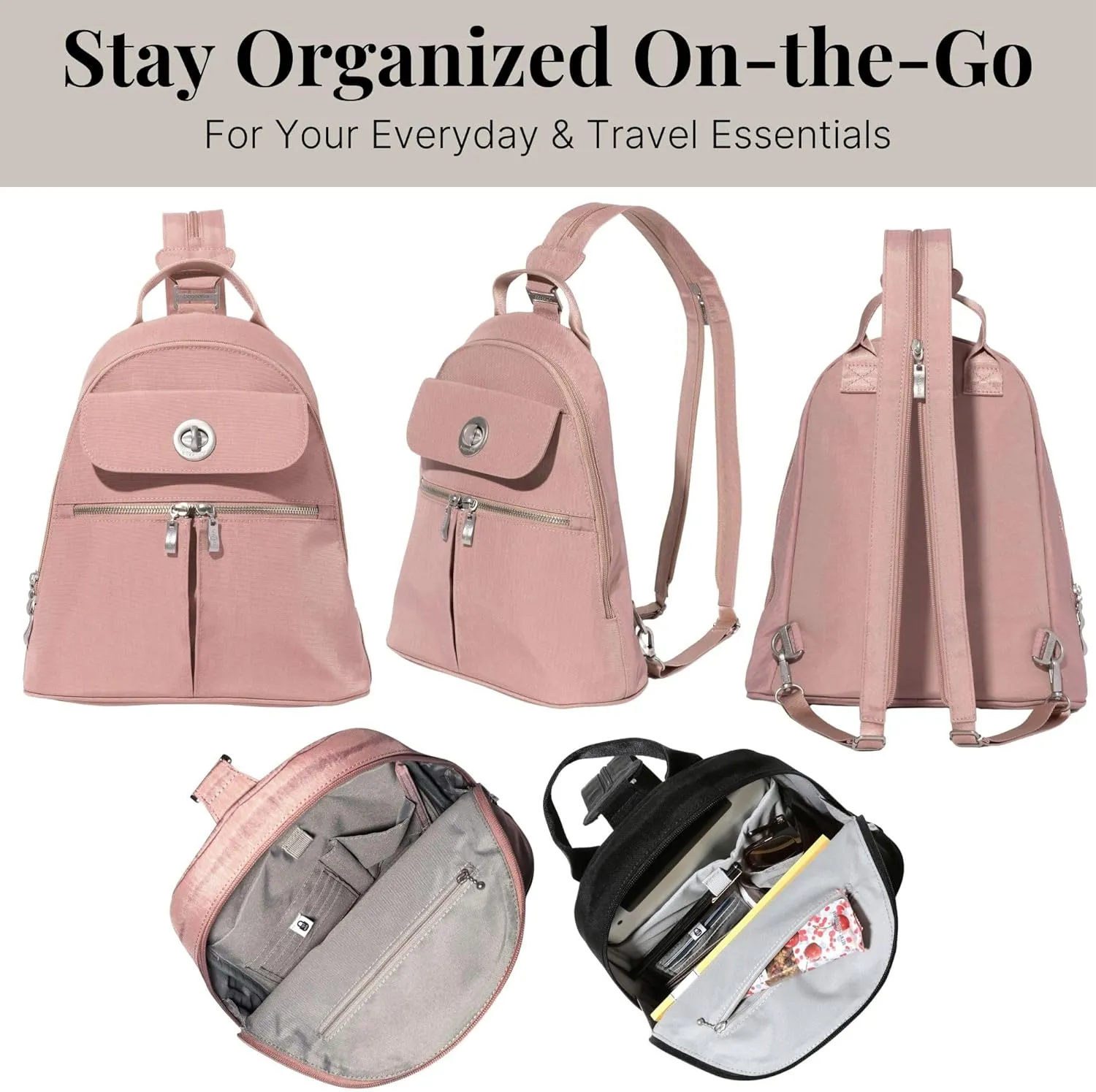 Baggallini Naples Convertible Small Daypack Sling Crossbody, Woodrose