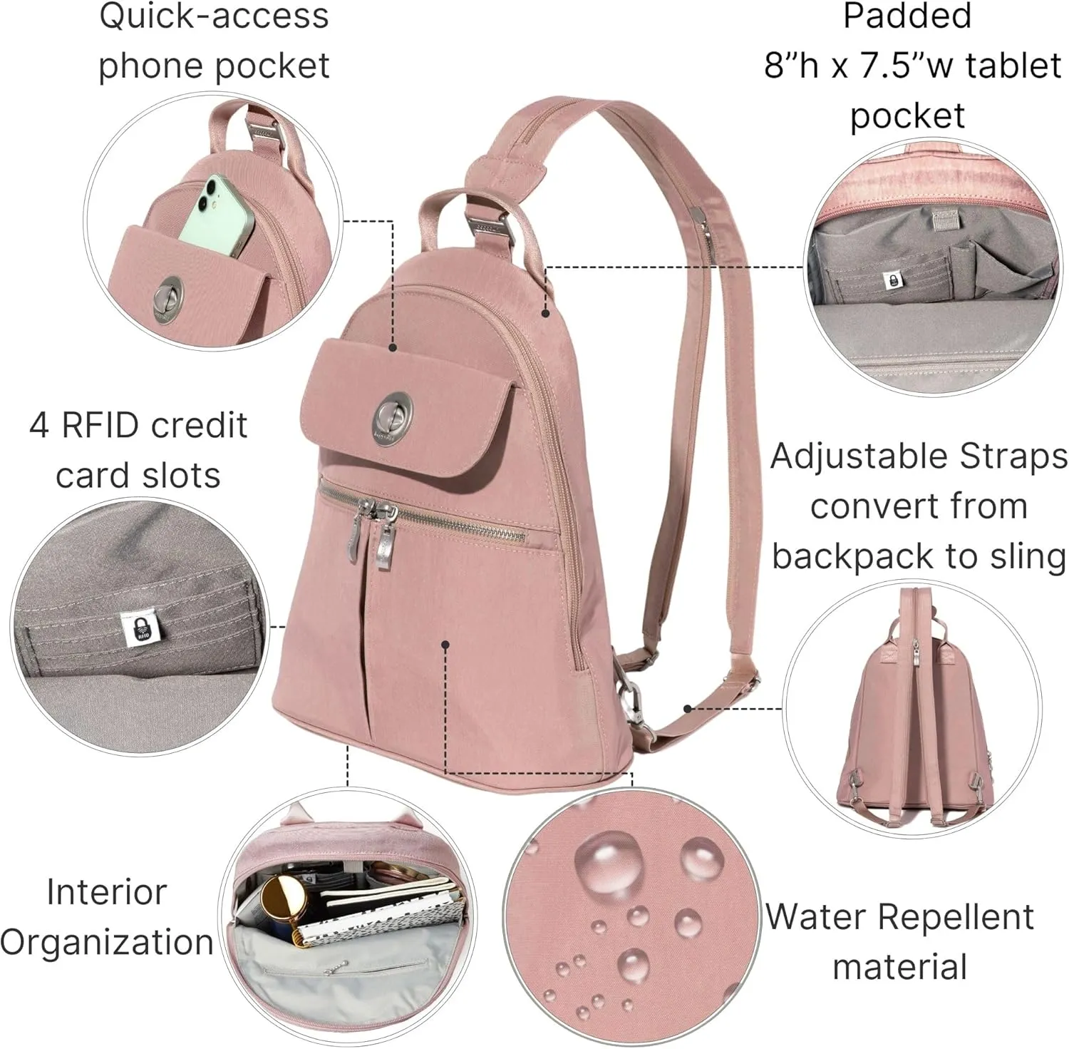 Baggallini Naples Convertible Small Daypack Sling Crossbody, Woodrose