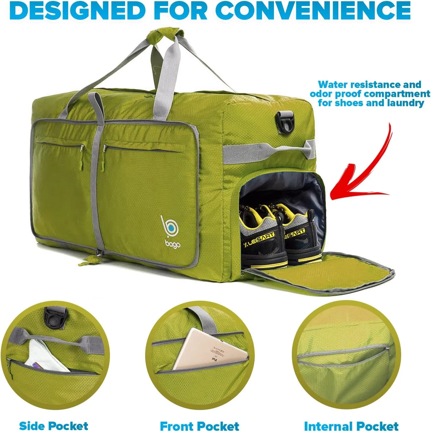 Bago Big XXL Foldable Duffel Bags for Traveling Women & Men - 140L Packable Duffle Bag for Travel with Shoe Compartment - Water Repellant, Heavy Duty, Lightweight Folding & Collapsible (Green)