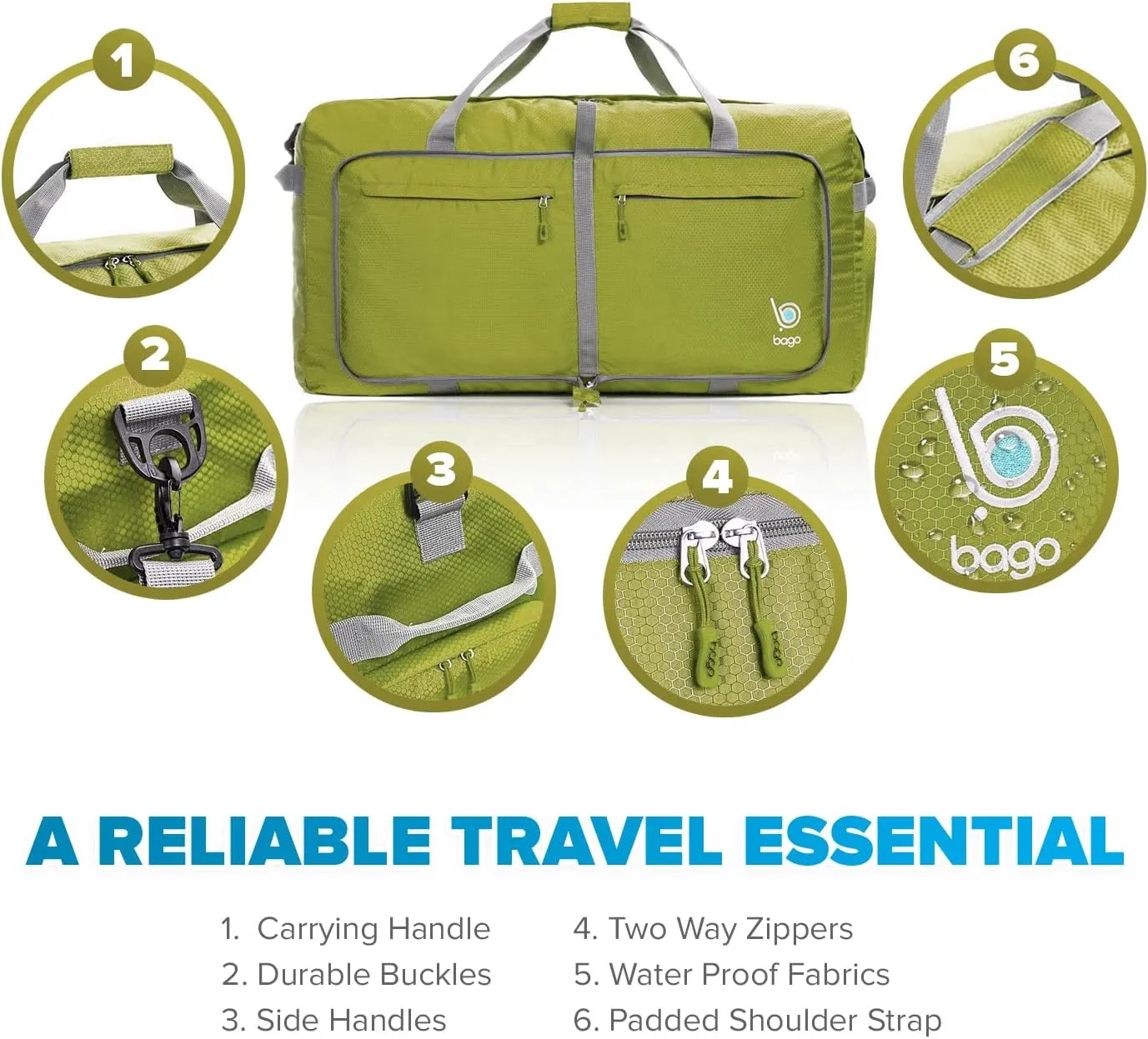 Bago Big XXL Foldable Duffel Bags for Traveling Women & Men - 140L Packable Duffle Bag for Travel with Shoe Compartment - Water Repellant, Heavy Duty, Lightweight Folding & Collapsible (Green)