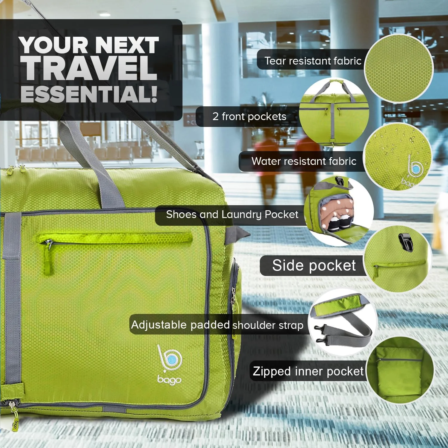 Bago Big XXL Foldable Duffel Bags for Traveling Women & Men - 140L Packable Duffle Bag for Travel with Shoe Compartment - Water Repellant, Heavy Duty, Lightweight Folding & Collapsible (Green)
