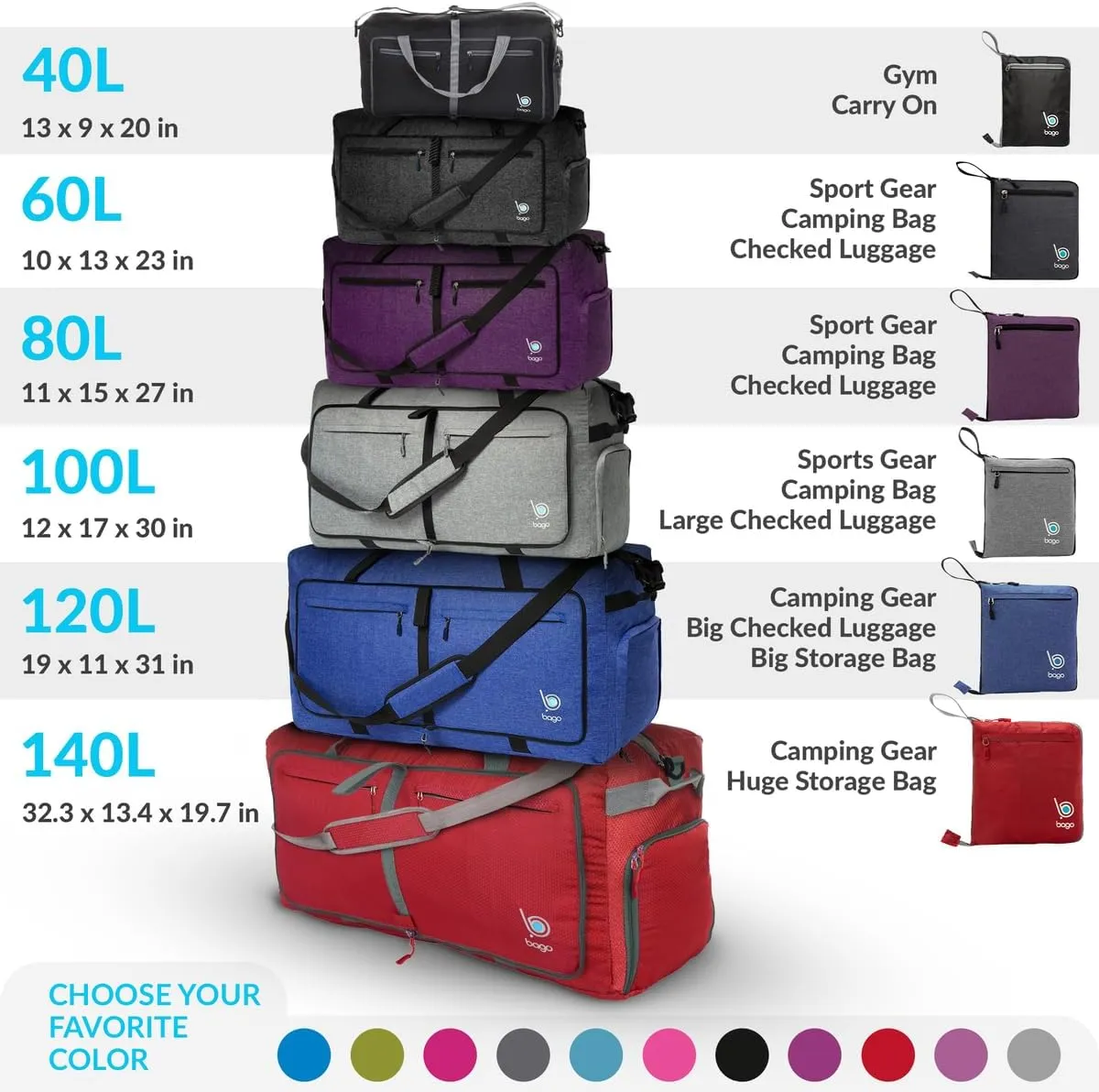Bago Foldable Duffel Bags for Traveling Women & Men - 40L Sports Packable Duffle Bag for Travel with Shoe Compartment - Water Repellant, Heavy Duty, Lightweight Folding & Collapsible (SnowDepPurple)