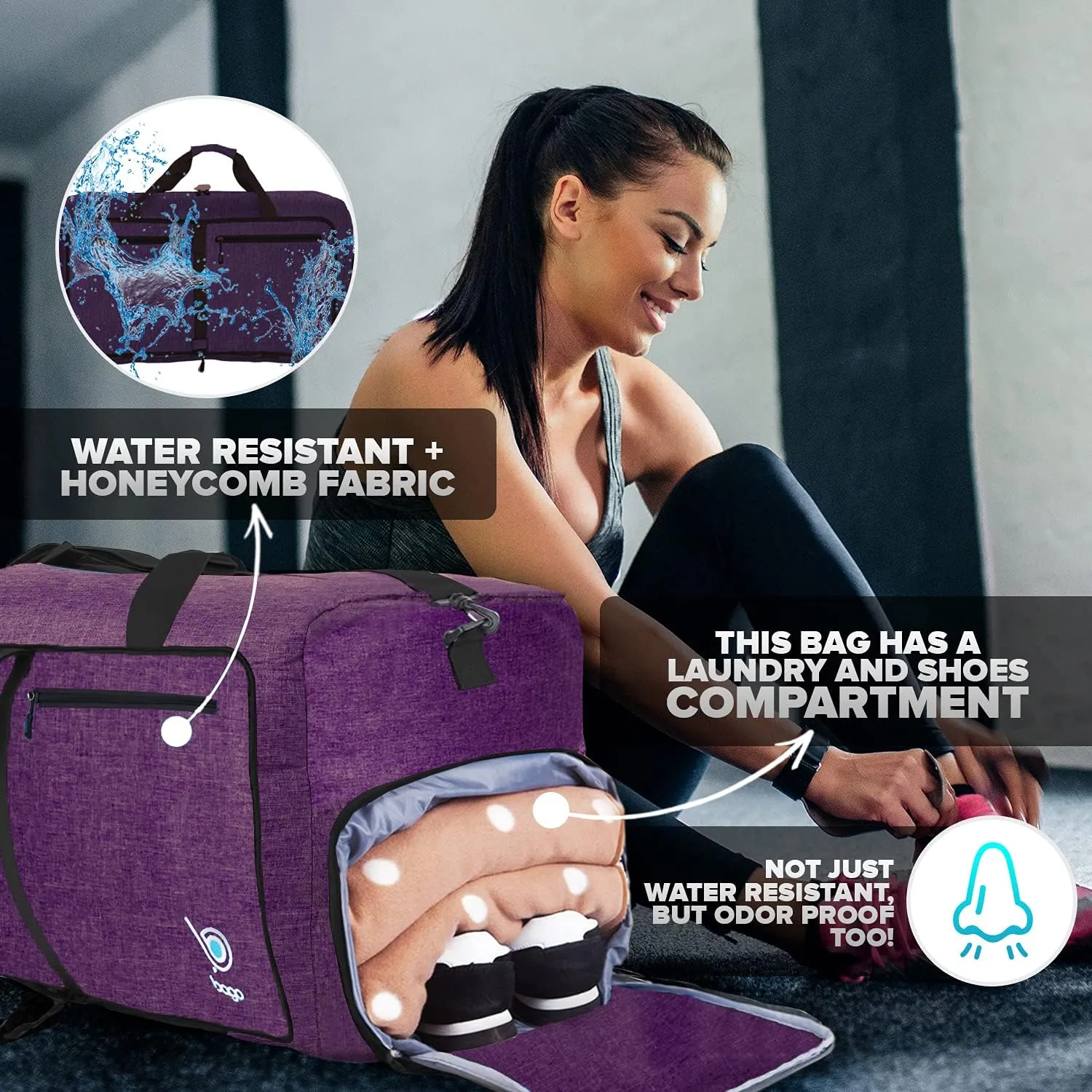 Bago Foldable Duffel Bags for Traveling Women & Men - 40L Sports Packable Duffle Bag for Travel with Shoe Compartment - Water Repellant, Heavy Duty, Lightweight Folding & Collapsible (SnowDepPurple)