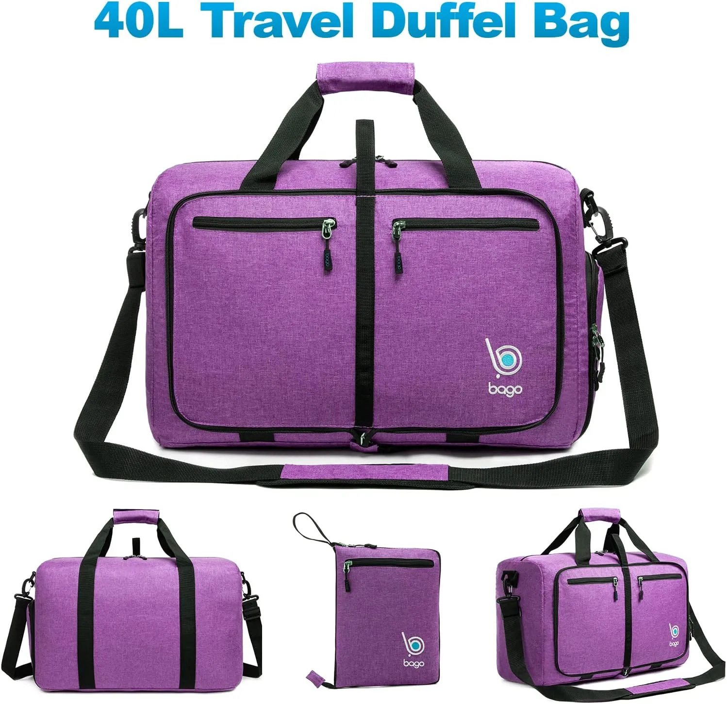 Bago Foldable Duffel Bags for Traveling Women & Men - 40L Sports Packable Duffle Bag for Travel with Shoe Compartment - Water Repellant, Heavy Duty, Lightweight Folding & Collapsible (SnowDepPurple)