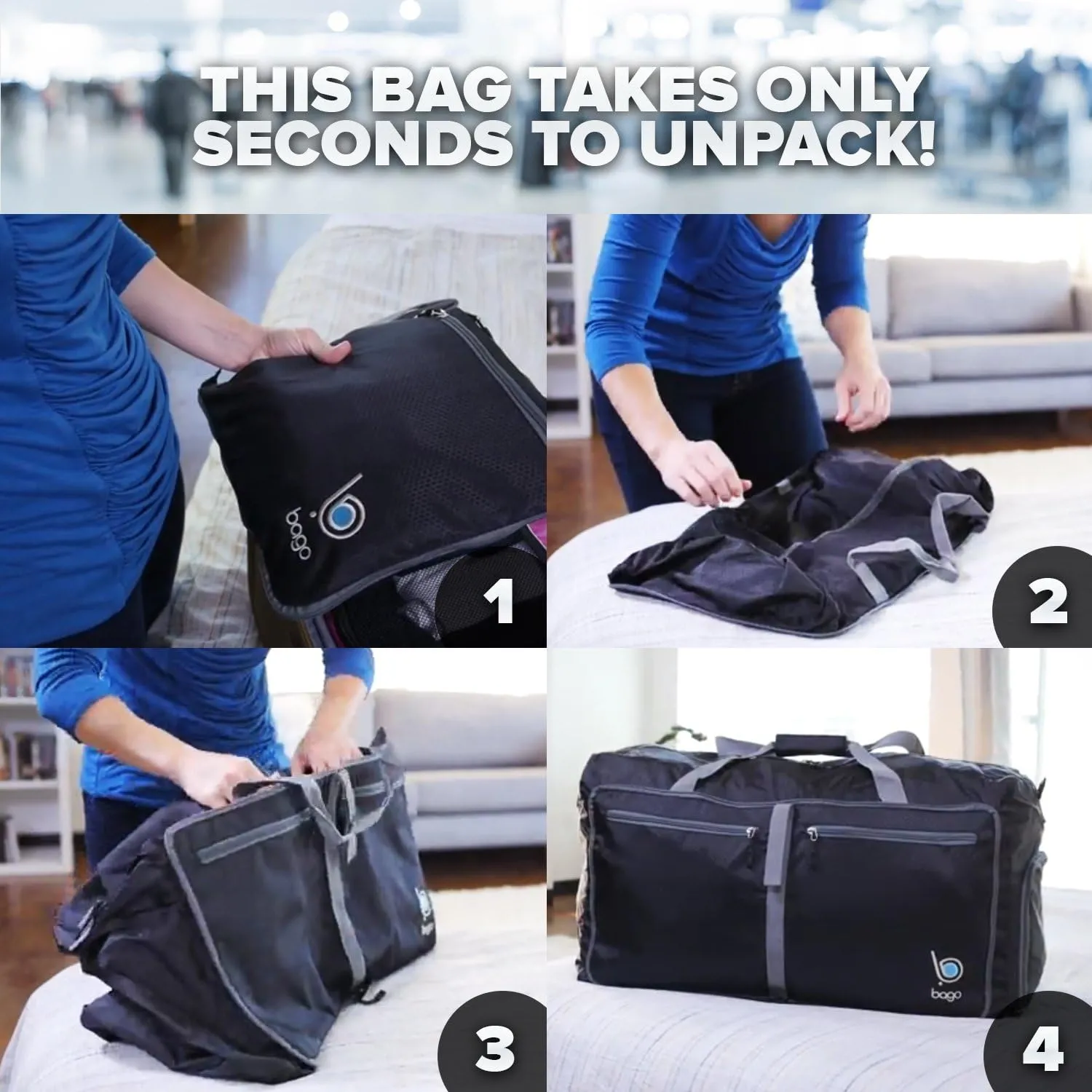 Bago Foldable Duffel Bags for Traveling Women & Men - 40L Sports Packable Duffle Bag for Travel with Shoe Compartment - Water Repellant, Heavy Duty, Lightweight Folding & Collapsible (SnowGray)