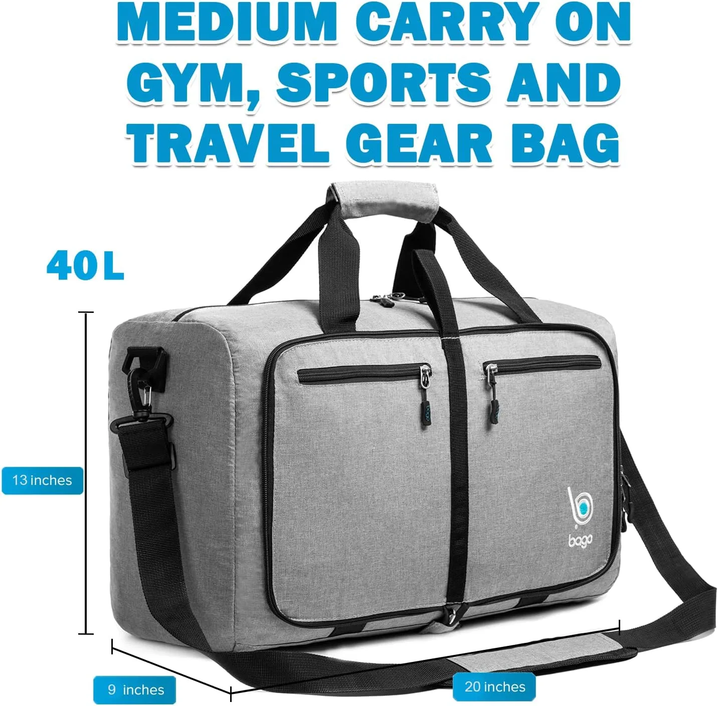 Bago Foldable Duffel Bags for Traveling Women & Men - 40L Sports Packable Duffle Bag for Travel with Shoe Compartment - Water Repellant, Heavy Duty, Lightweight Folding & Collapsible (SnowGray)