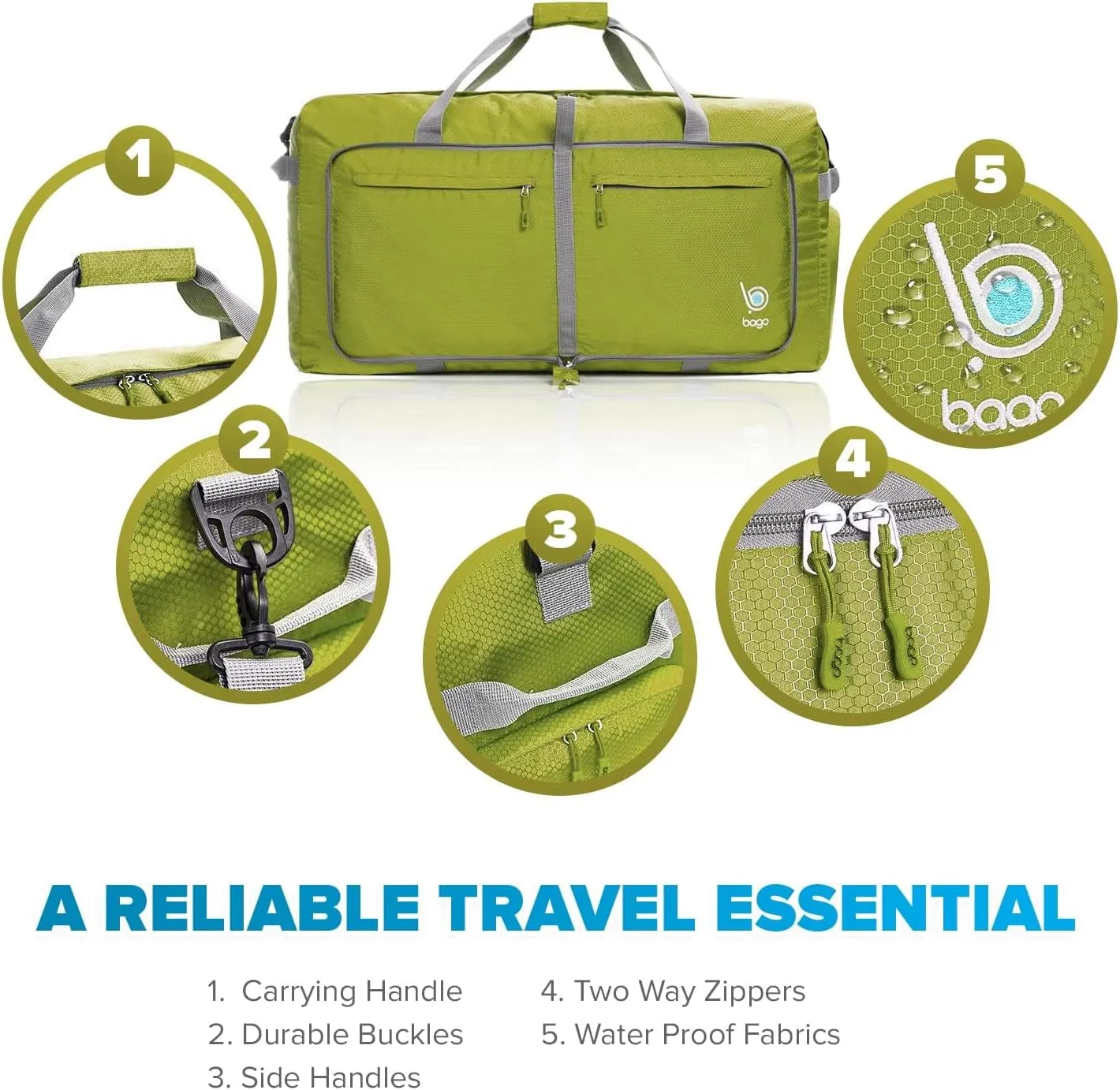 Bago Large Foldable Duffel Bags for Traveling Women & Men - 80L Packable Duffle Bag for Travel with Shoe Compartment - Water Repellant, Heavy Duty, Lightweight Folding & Collapsible (Green)