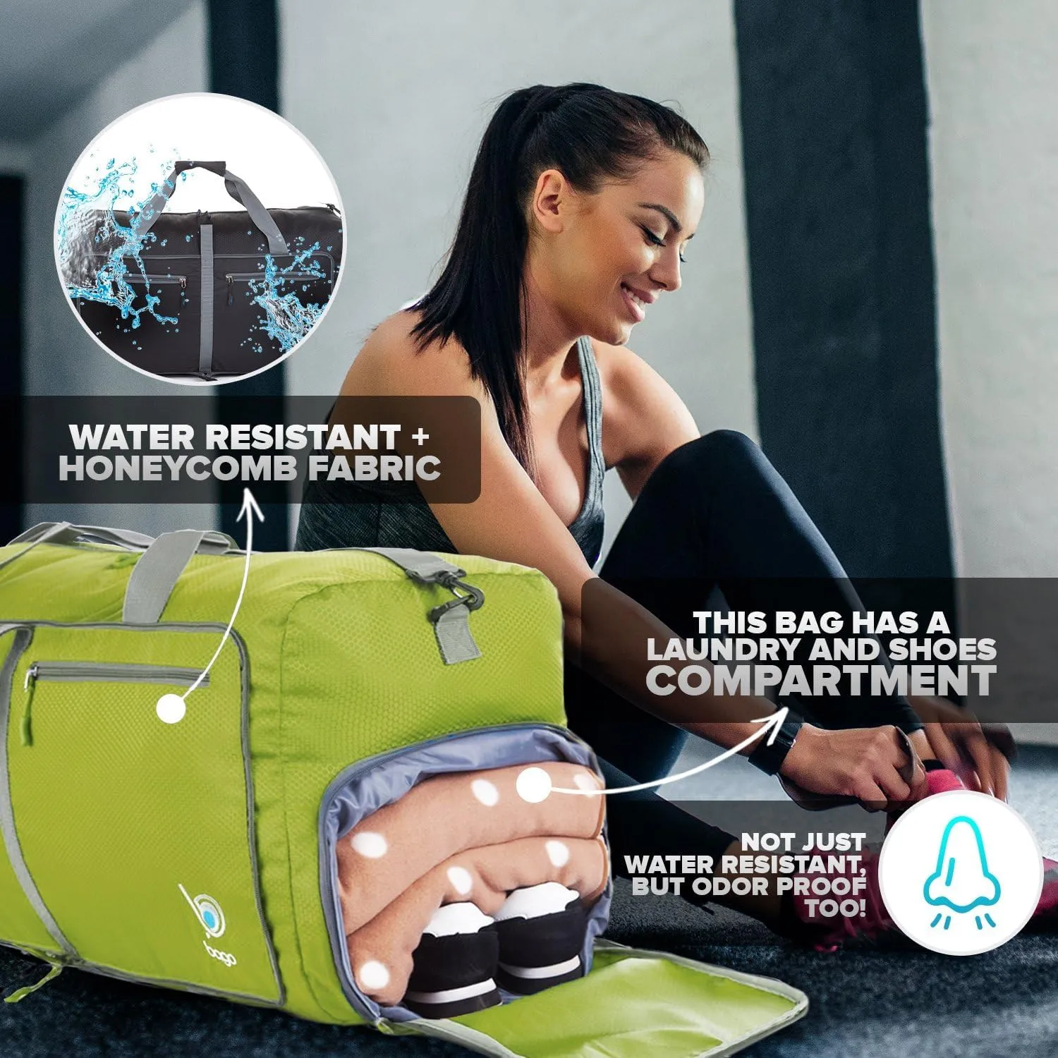 Bago Large Foldable Duffel Bags for Traveling Women & Men - 80L Packable Duffle Bag for Travel with Shoe Compartment - Water Repellant, Heavy Duty, Lightweight Folding & Collapsible (Green)