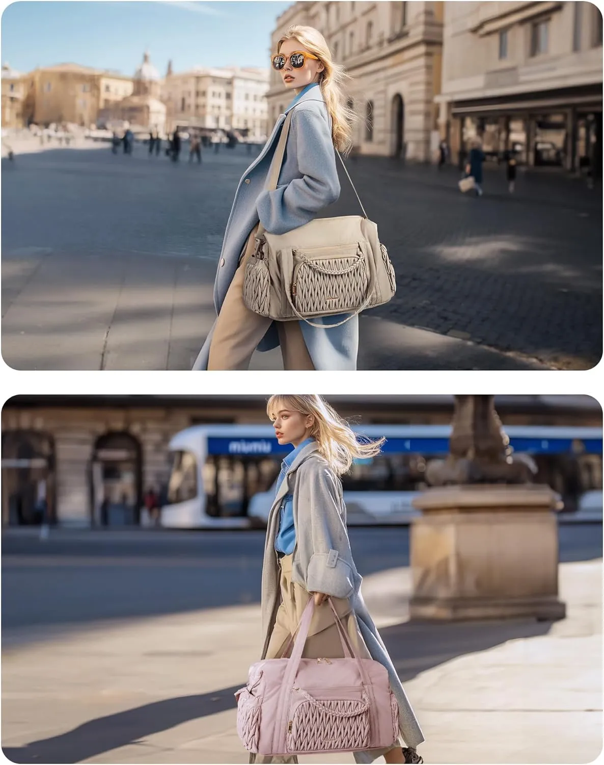 BAGSMART Quilted Duffle Bag for Women, Weekender Overnight Gym Travel Carry-On Bag, Beige