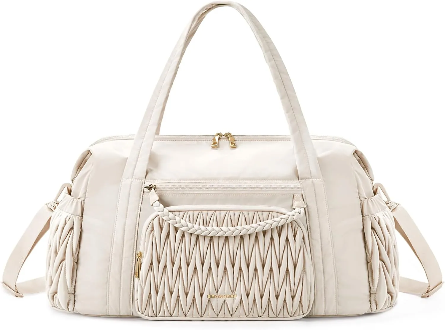 BAGSMART Quilted Duffle Bag for Women, Weekender Overnight Gym Travel Carry-On Bag, Beige