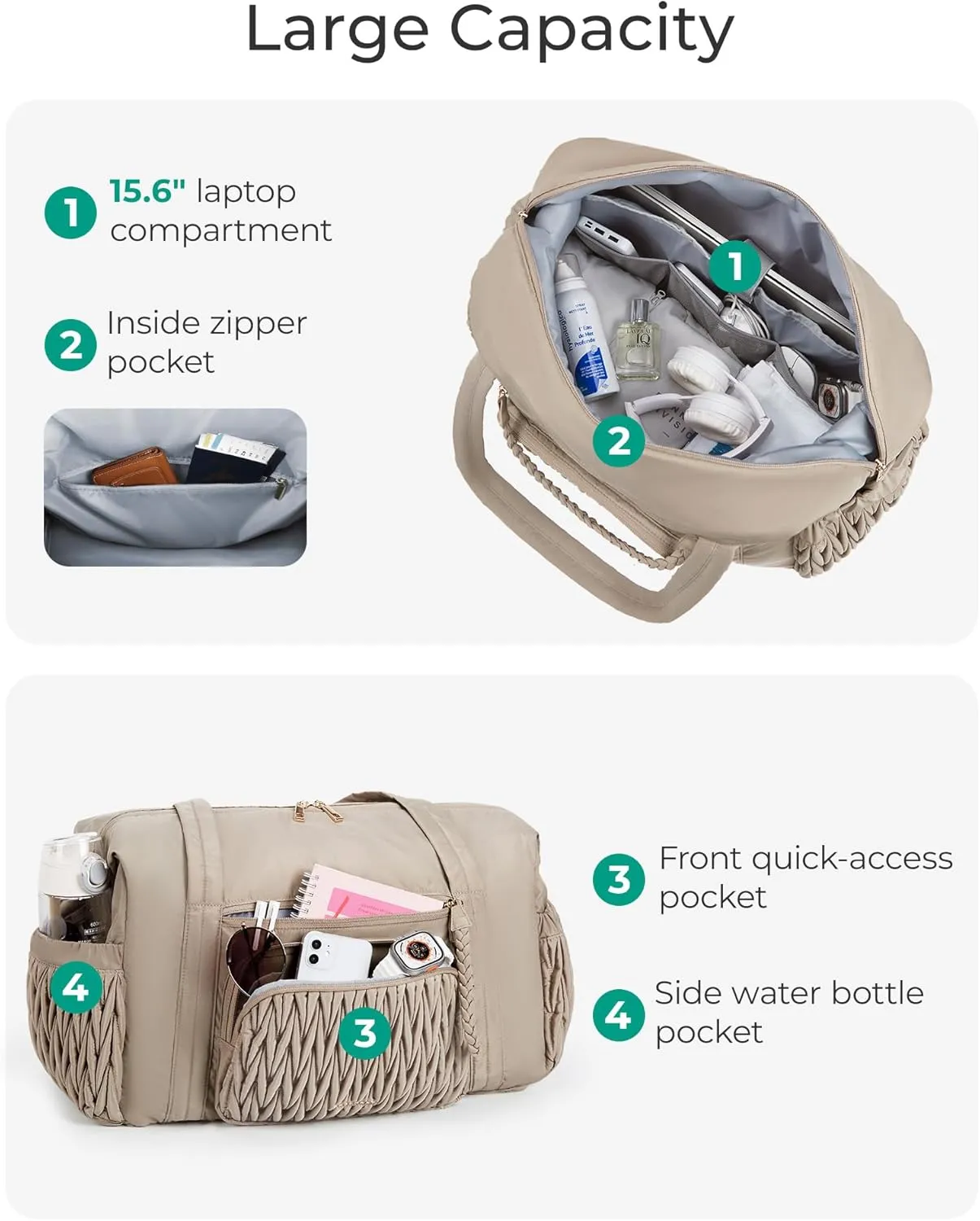 BAGSMART Quilted Duffle Bag for Women, Weekender Overnight Gym Travel Carry-On Bag, Beige