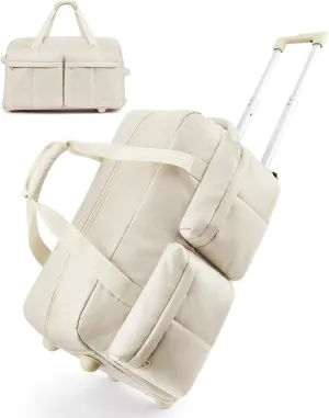 BAGSMART Rolling Duffle Bag with Wheels, Carry On Wet Pocket Duffel for Travel with Handle, Beige