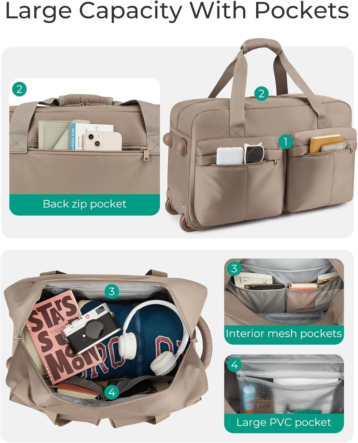 BAGSMART Rolling Duffle Bag with Wheels, Carry On Wet Pocket Duffel for Travel with Handle, Beige