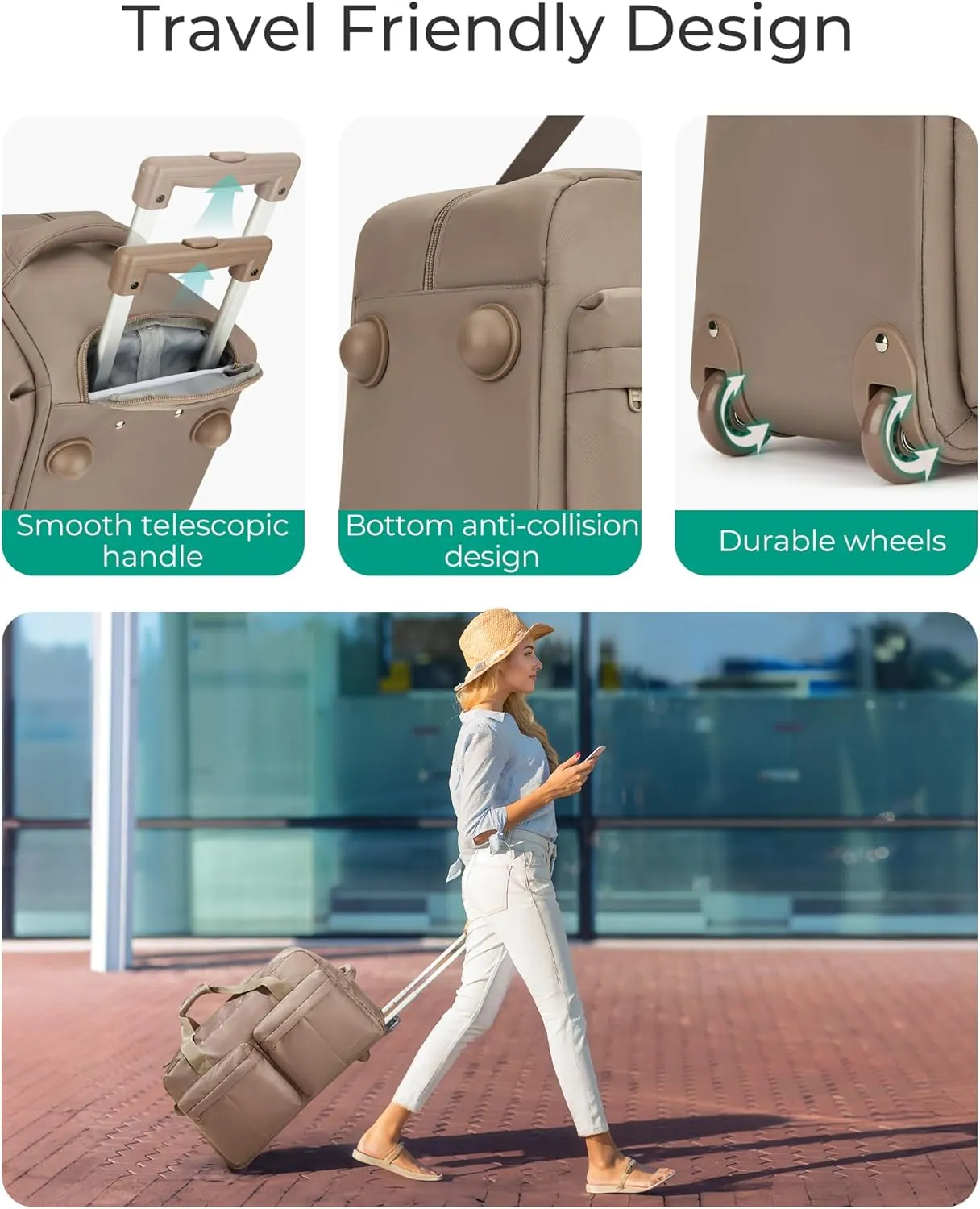 BAGSMART Rolling Duffle Bag with Wheels, Carry On Wet Pocket Duffel for Travel with Handle, Beige