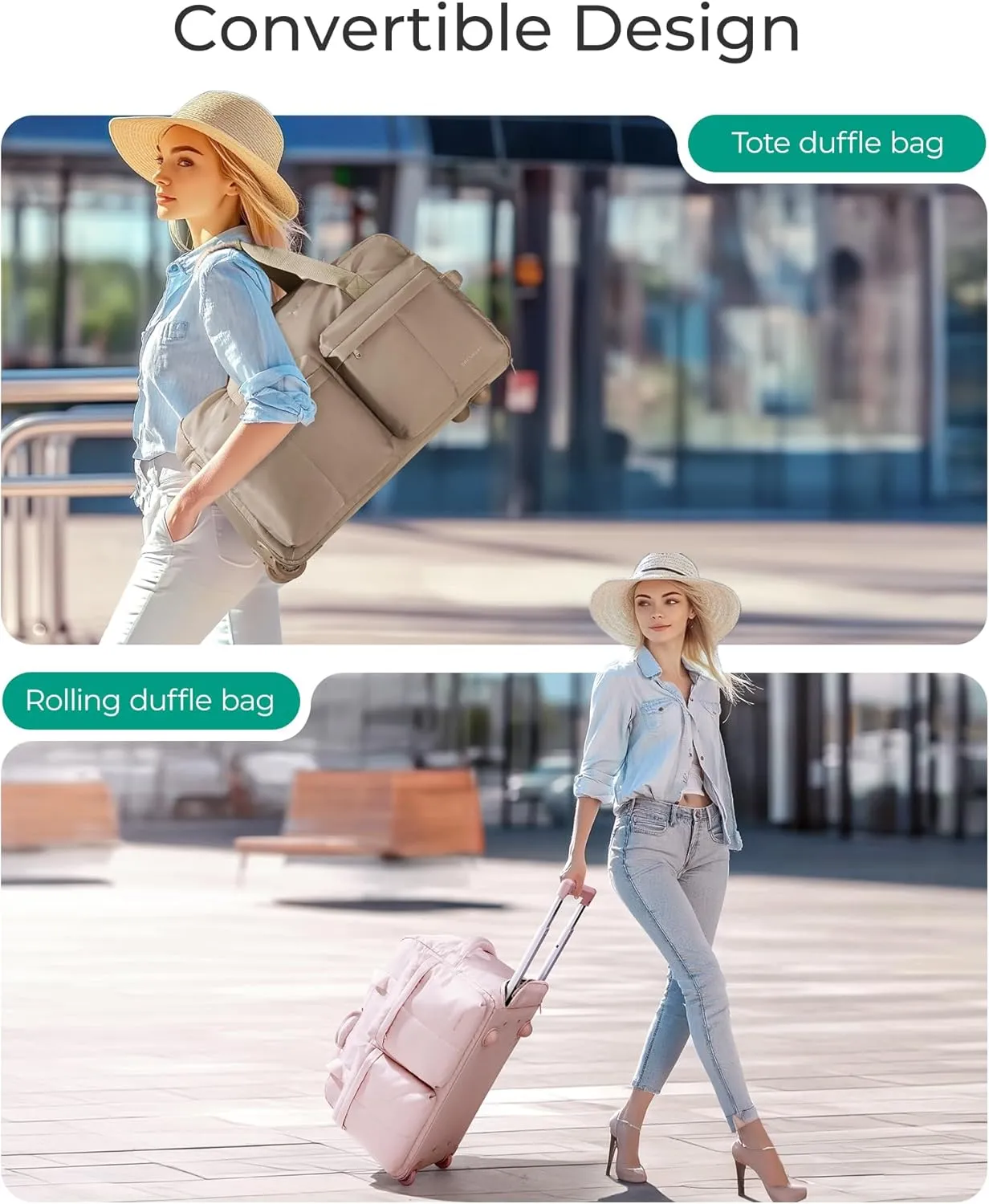 BAGSMART Rolling Duffle Bag with Wheels, Carry On Wet Pocket Duffel for Travel with Handle, Beige