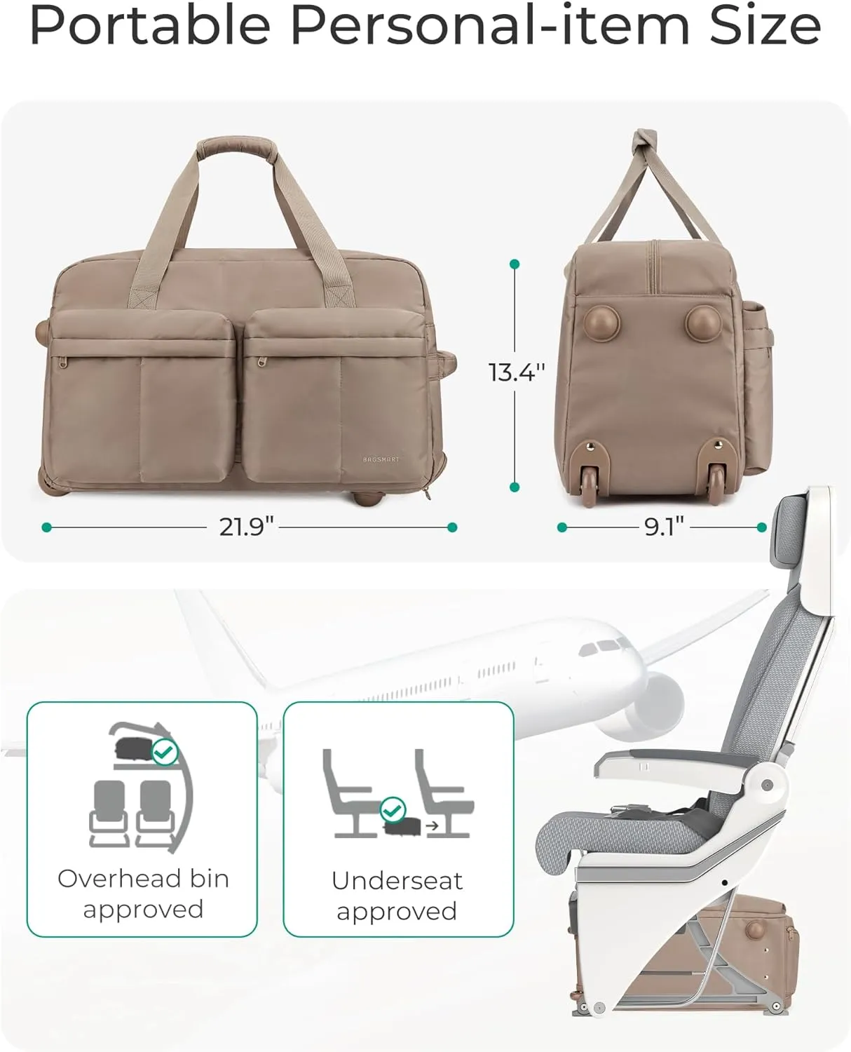 BAGSMART Rolling Duffle Bag with Wheels, Carry On Wet Pocket Duffel for Travel with Handle, Beige