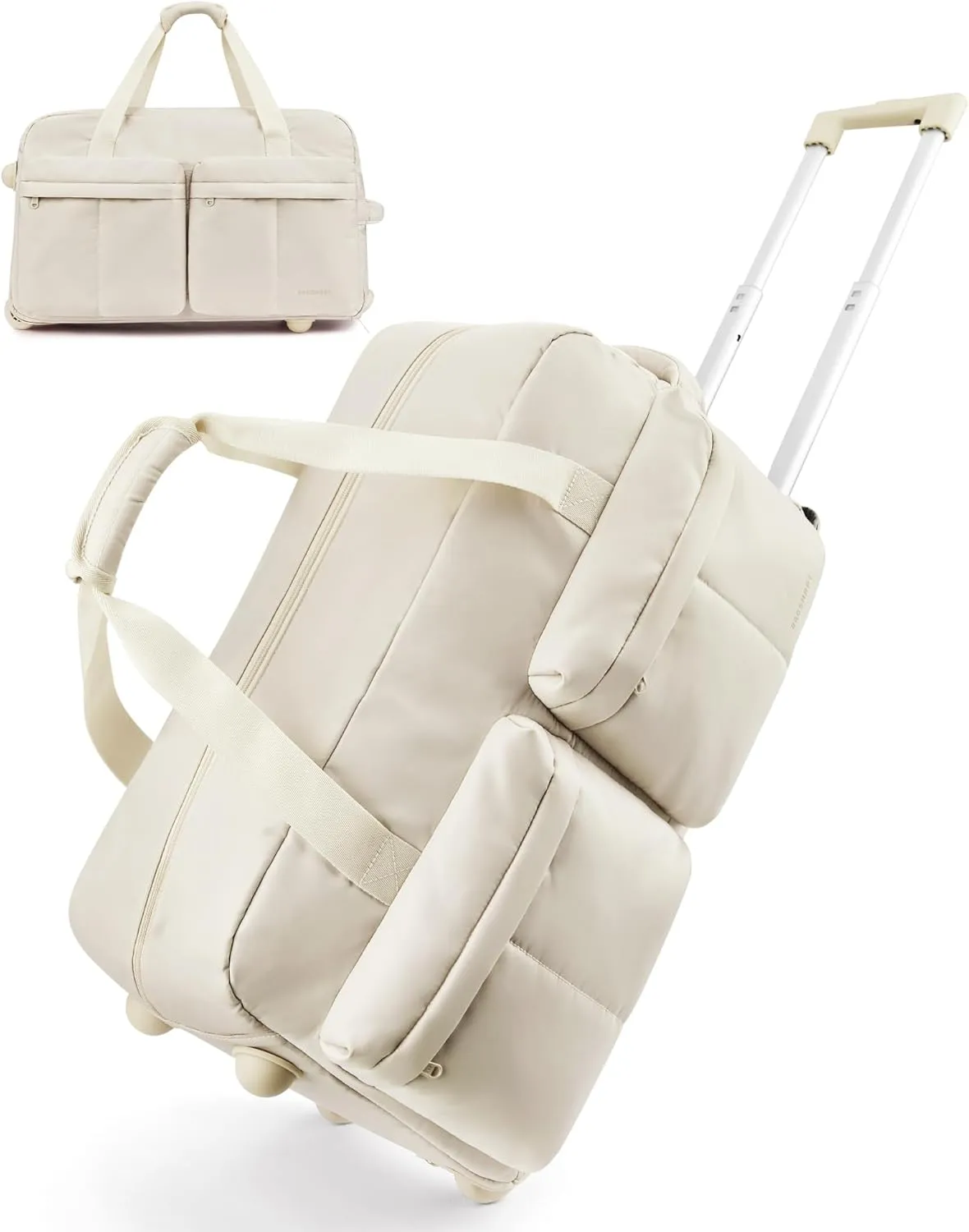 BAGSMART Rolling Duffle Bag with Wheels, Carry On Wet Pocket Duffel for Travel with Handle, Beige