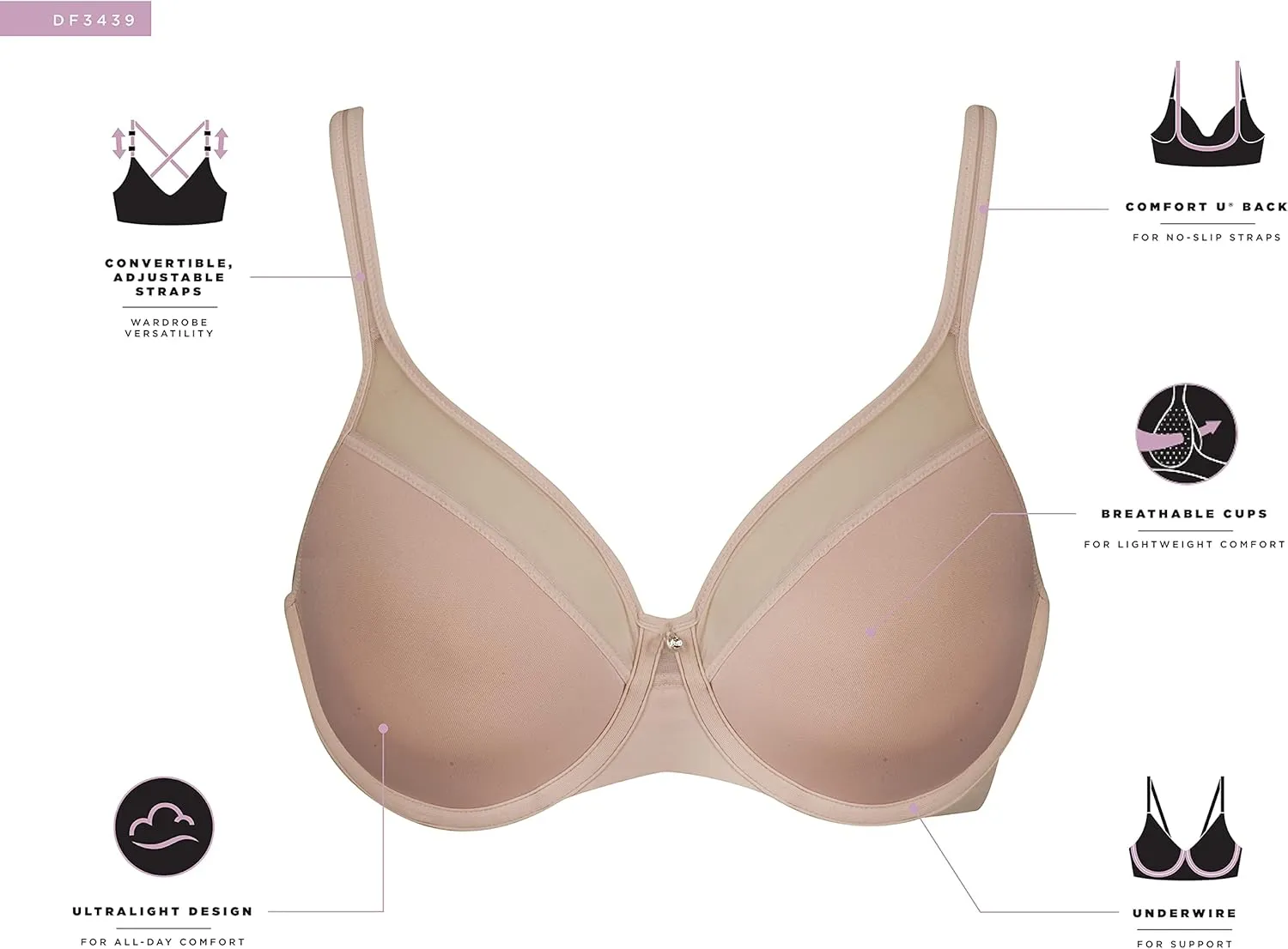 Bali Women's Underwire, One Smooth U Ultra Light T-Shirt, Convertible Bra