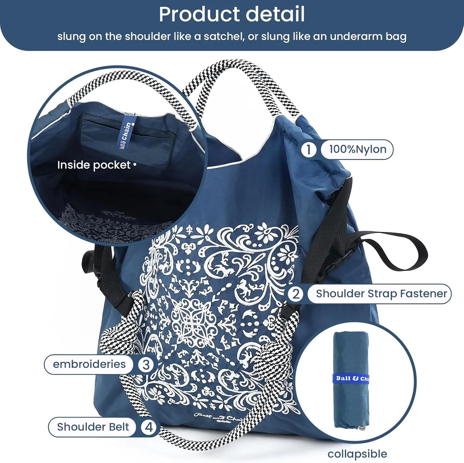 Ball&Chain Embroidery Tote Bag Women Work Bags Crossbody Bag Purse for Women Travel Bags Handbags Everyday Bag