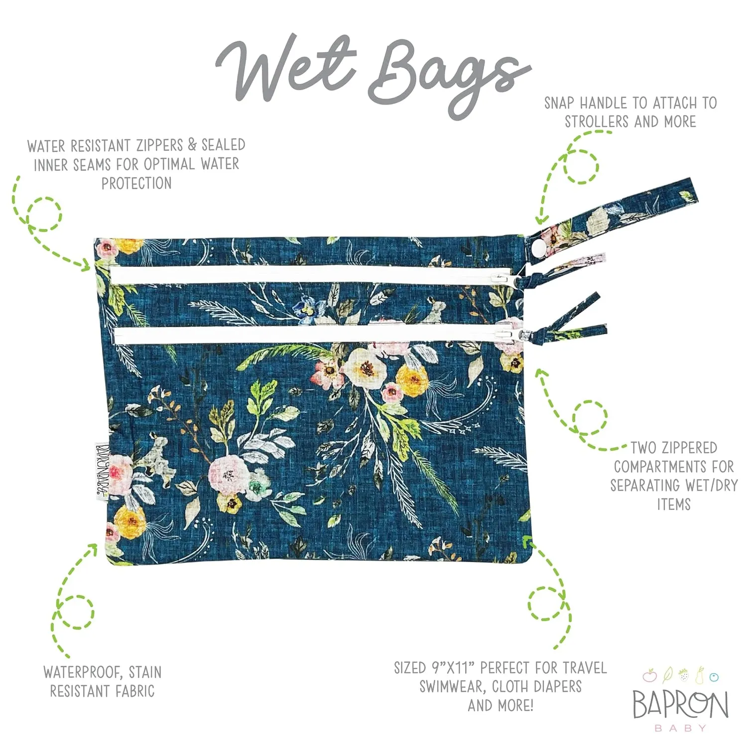 BapronBaby Boho Floral Wet Dry Bag - Waterproof Two Zipper Pockets - Reusable for Mealtime, Diapers, Stroller, Snacks, Swimsuits - Machine Washable - 11" x 9"