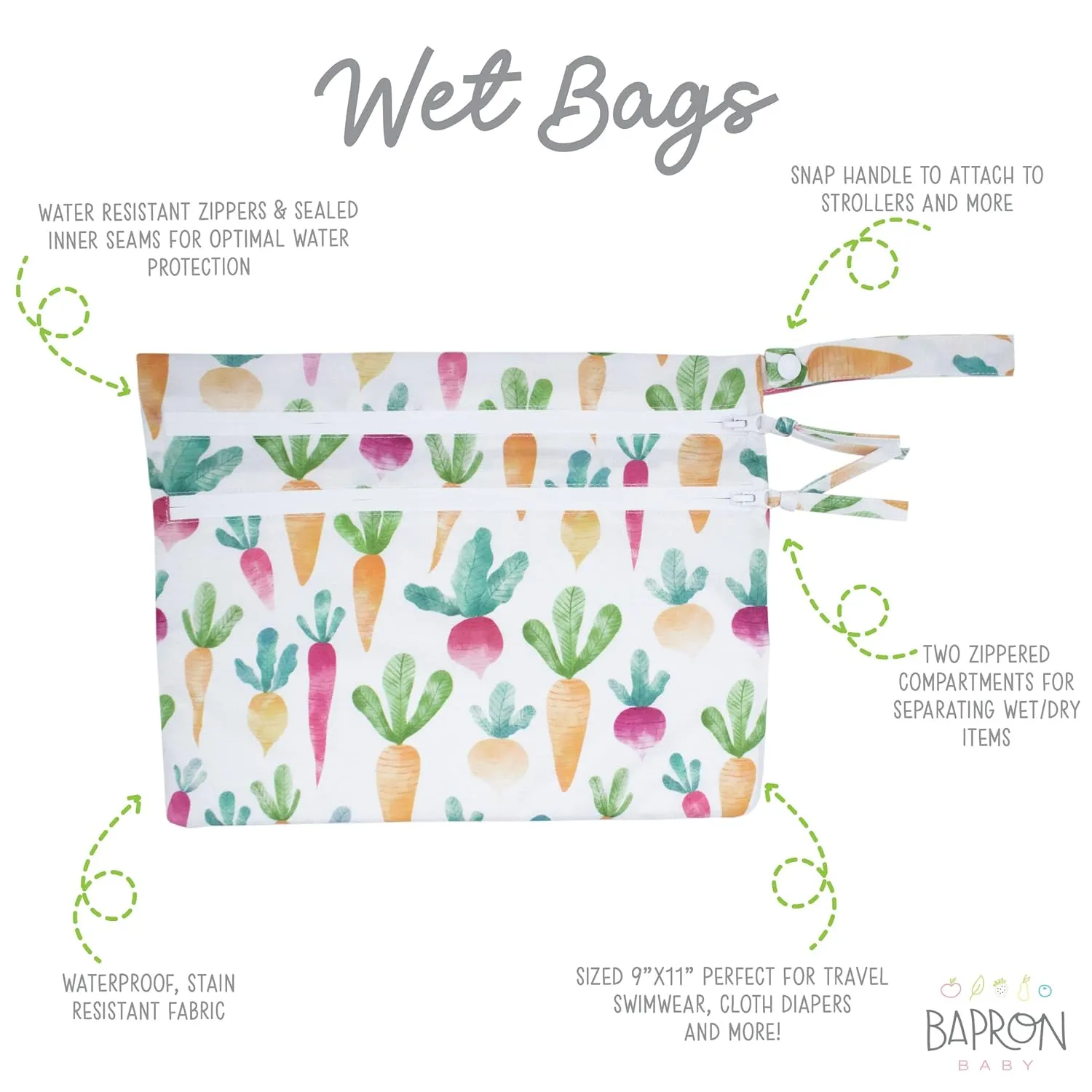 BapronBaby Farm Produce Wet Dry Bag - Waterproof Two Zipper Pockets - Reusable for Mealtime, Diapers, Stroller, Snacks, Swimsuits - Machine Washable - 11" x 9"