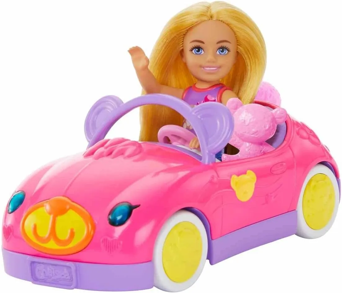 Barbie Chelsea Toy Car Set with Bear-Themed Convertible & Teddy Bear Accessory, Blonde Small Doll Wears Removable Skirt & Shoes