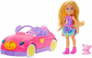 Barbie Chelsea Toy Car Set with Bear-Themed Convertible & Teddy Bear Accessory, Blonde Small Doll Wears Removable Skirt & Shoes