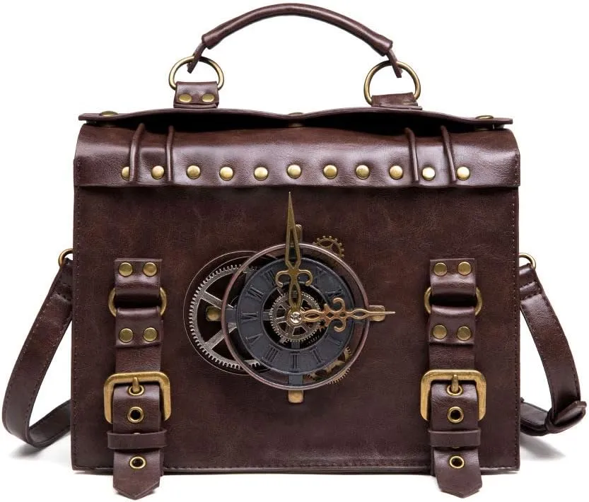BaronHong Women's Handbag Steampunk Vintage Gear Clock Shoulder Bag Retro Medieval Buckle Cosplay Costume Accessories