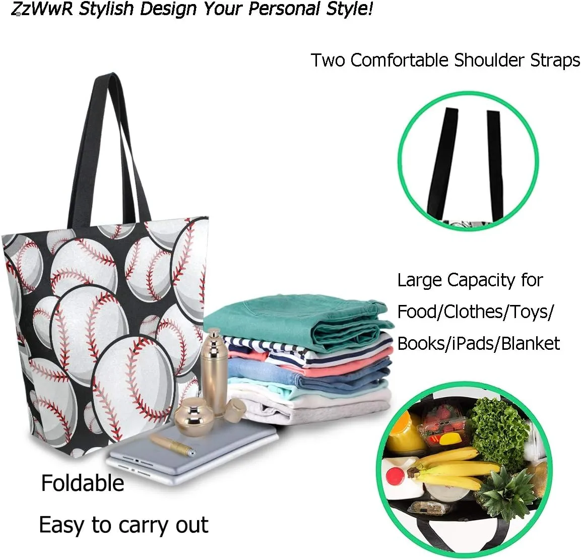 Baseball Softball Pattern Extra Large Canvas Shoulder Tote Top Storage Handle Bag for Gym Beach Weekender Travel Reusable Grocery Shopping