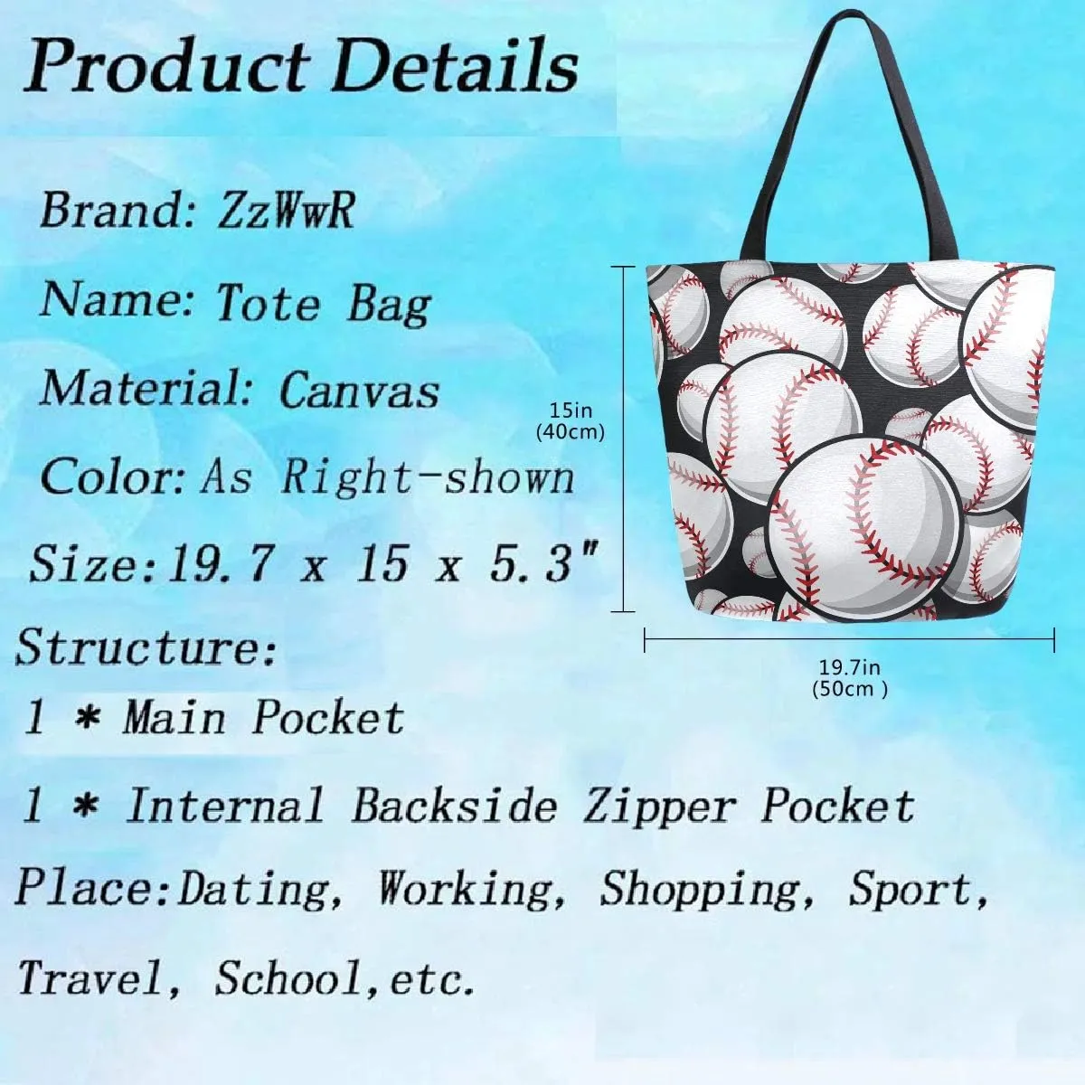 Baseball Softball Pattern Extra Large Canvas Shoulder Tote Top Storage Handle Bag for Gym Beach Weekender Travel Reusable Grocery Shopping