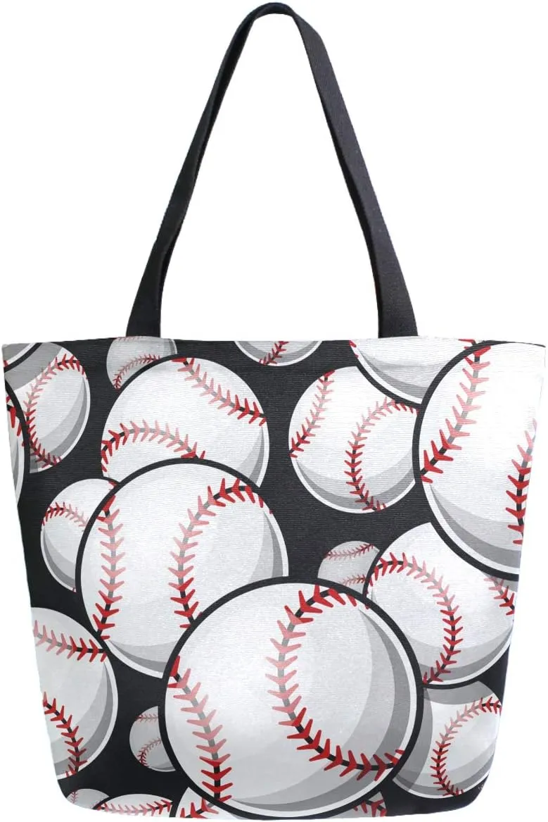 Baseball Softball Pattern Extra Large Canvas Shoulder Tote Top Storage Handle Bag for Gym Beach Weekender Travel Reusable Grocery Shopping
