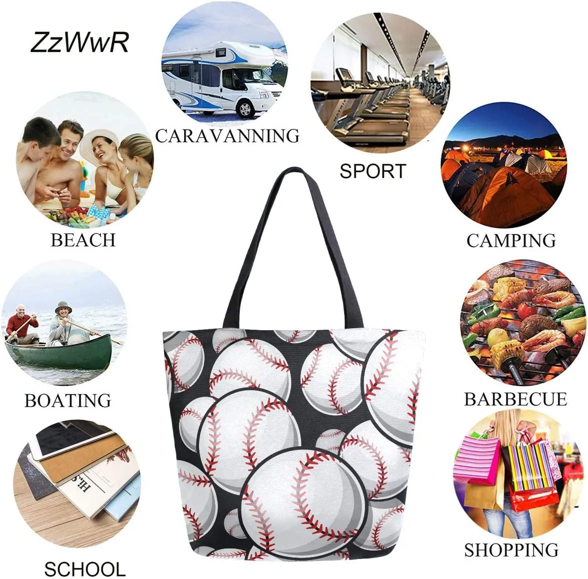 Baseball Softball Pattern Extra Large Canvas Shoulder Tote Top Storage Handle Bag for Gym Beach Weekender Travel Reusable Grocery Shopping