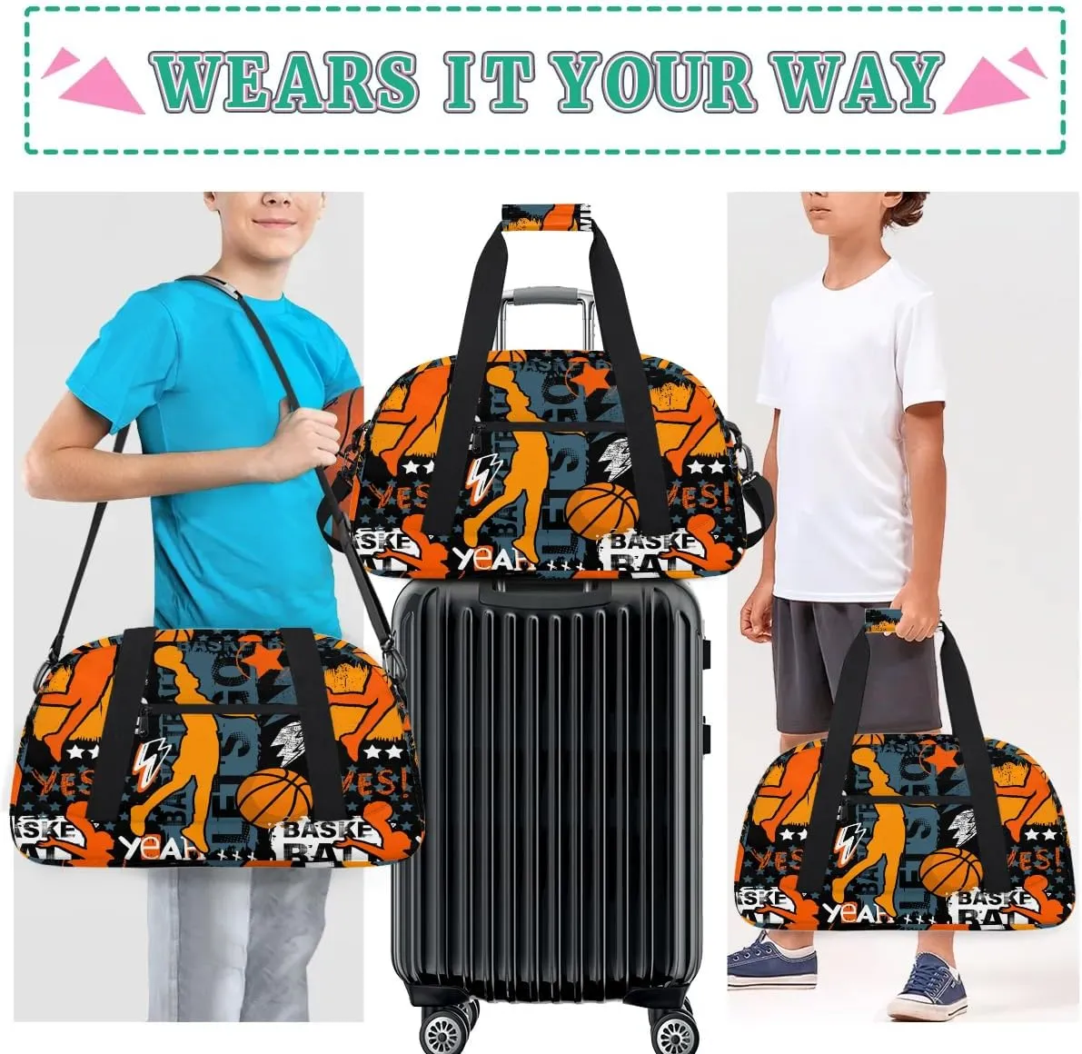Basketball Sports Kids Overnighter Duffel Bags for Boys Girls, Carry-On Size Sports Gym Bag for School Practice or Overnight Travel Weekender Sleepover Workout Tote Bag