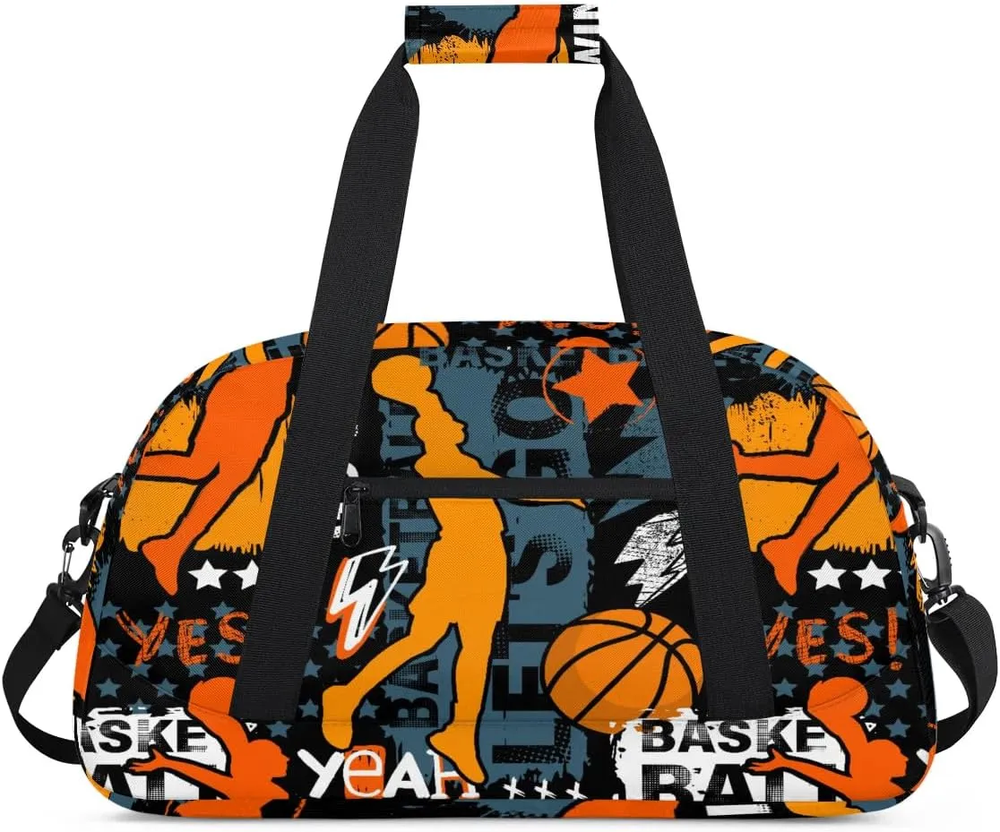 Basketball Sports Kids Overnighter Duffel Bags for Boys Girls, Carry-On Size Sports Gym Bag for School Practice or Overnight Travel Weekender Sleepover Workout Tote Bag