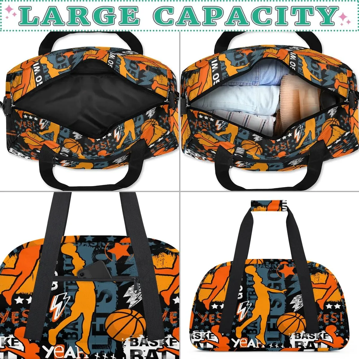 Basketball Sports Kids Overnighter Duffel Bags for Boys Girls, Carry-On Size Sports Gym Bag for School Practice or Overnight Travel Weekender Sleepover Workout Tote Bag