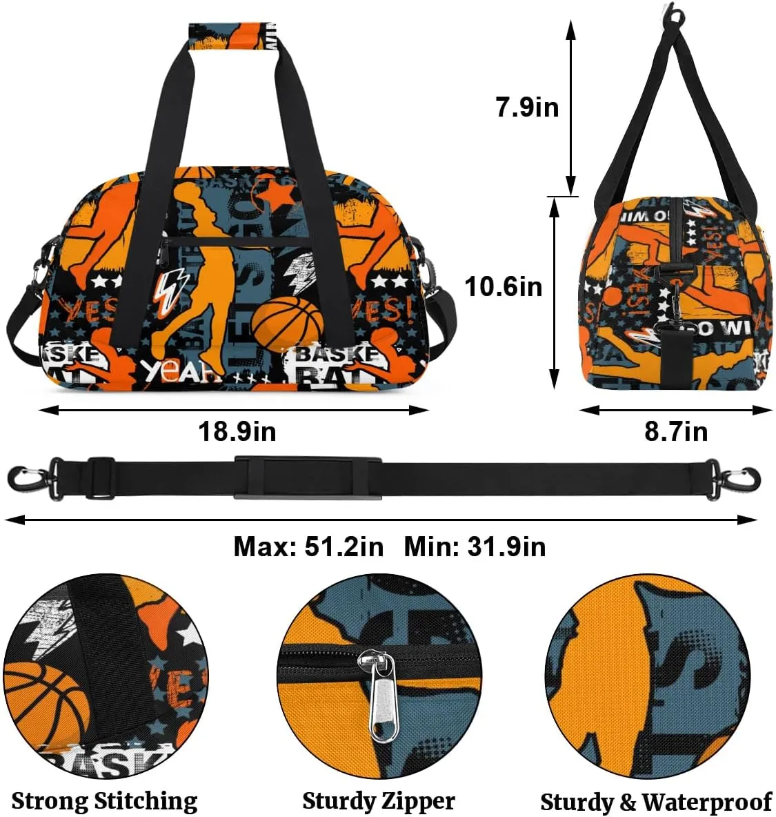 Basketball Sports Kids Overnighter Duffel Bags for Boys Girls, Carry-On Size Sports Gym Bag for School Practice or Overnight Travel Weekender Sleepover Workout Tote Bag