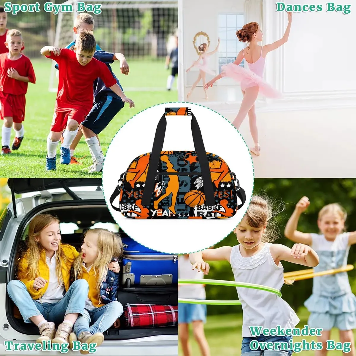 Basketball Sports Kids Overnighter Duffel Bags for Boys Girls, Carry-On Size Sports Gym Bag for School Practice or Overnight Travel Weekender Sleepover Workout Tote Bag