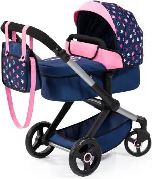 Bayer Design Dolls: Pram Xeo - Blue, Pink, Stars - Includes Shoulder Bag, Fits Dolls Up to 18", Convertible to A Pushchair, Adjustable Handle & Swivel Front Wheels, Integrated Basket, Ages 3 
