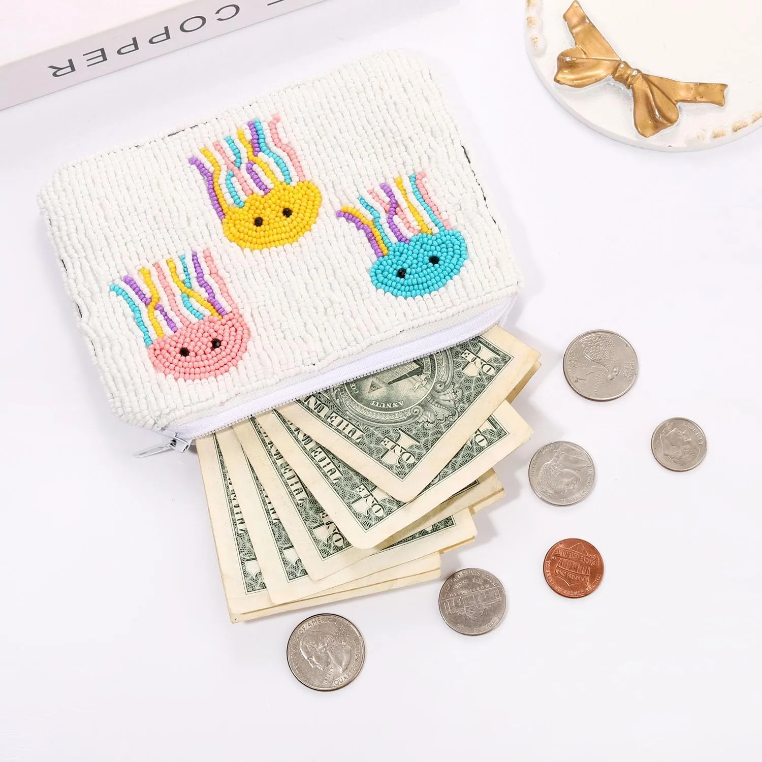 Beaded Coin Purse Jellyfish Tennis Seed Beaded Small Zipper Pouch Wallet Game Day Sports Birthday Gift (jellyfish beaded coin purse)