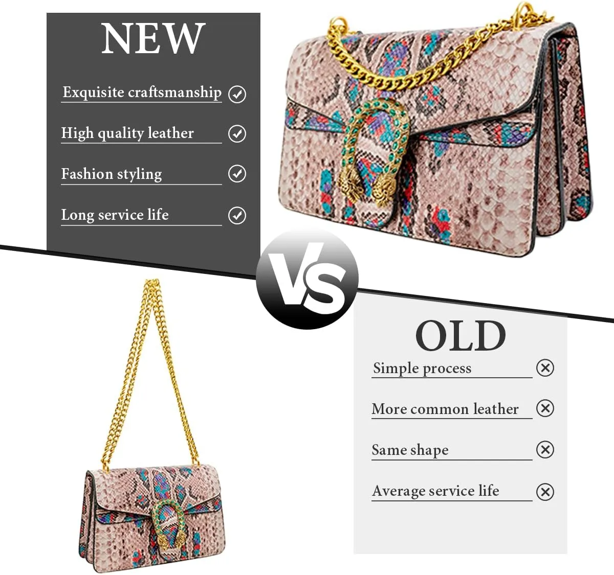 Bealin Women's Crossbody Shoulder Bag Retro Snake Print Square Satchel Handbag Chain Strap Clutch Leather Bag