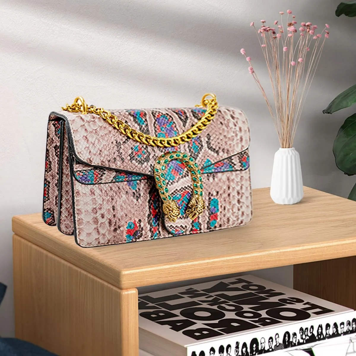 Bealin Women's Crossbody Shoulder Bag Retro Snake Print Square Satchel Handbag Chain Strap Clutch Leather Bag
