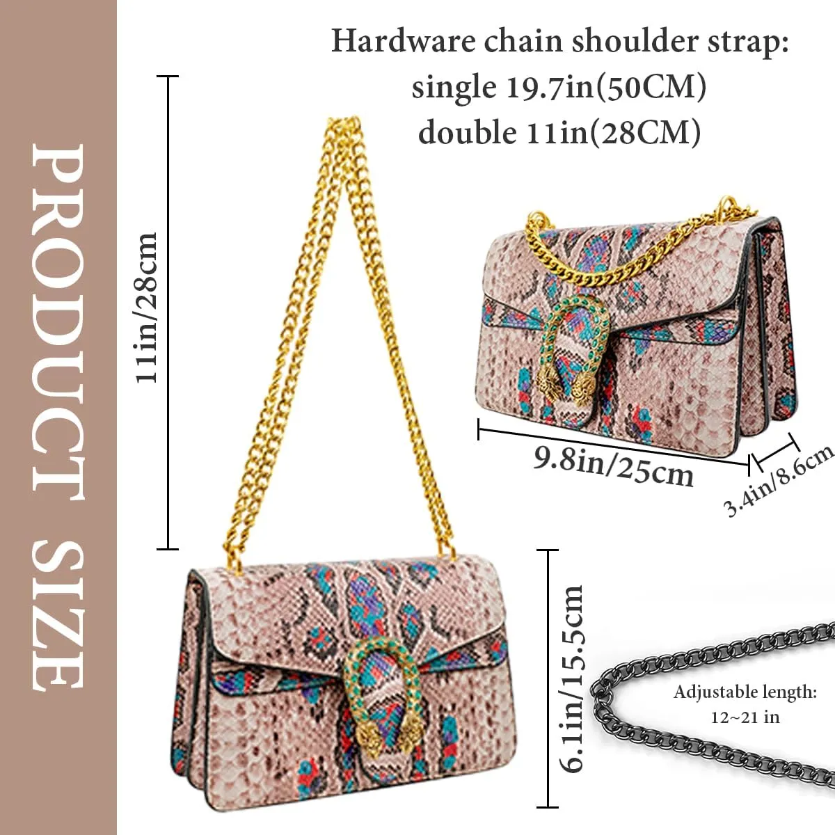 Bealin Women's Crossbody Shoulder Bag Retro Snake Print Square Satchel Handbag Chain Strap Clutch Leather Bag