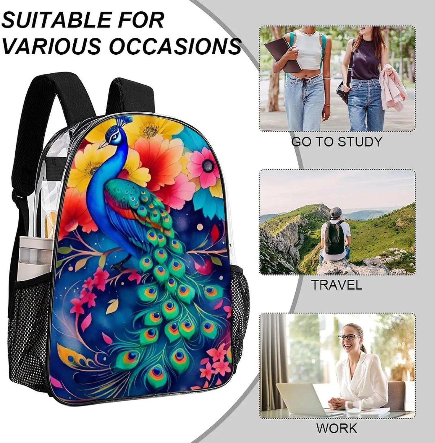 Beautiful Peacock Watercolor Art Rucksacks Lightweight Multipurpose Anti-Theft Shoulder Bag Large Capacity Business Computer Bag Transparent Bag