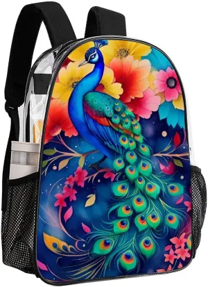 Beautiful Peacock Watercolor Art Rucksacks Lightweight Multipurpose Anti-Theft Shoulder Bag Large Capacity Business Computer Bag Transparent Bag