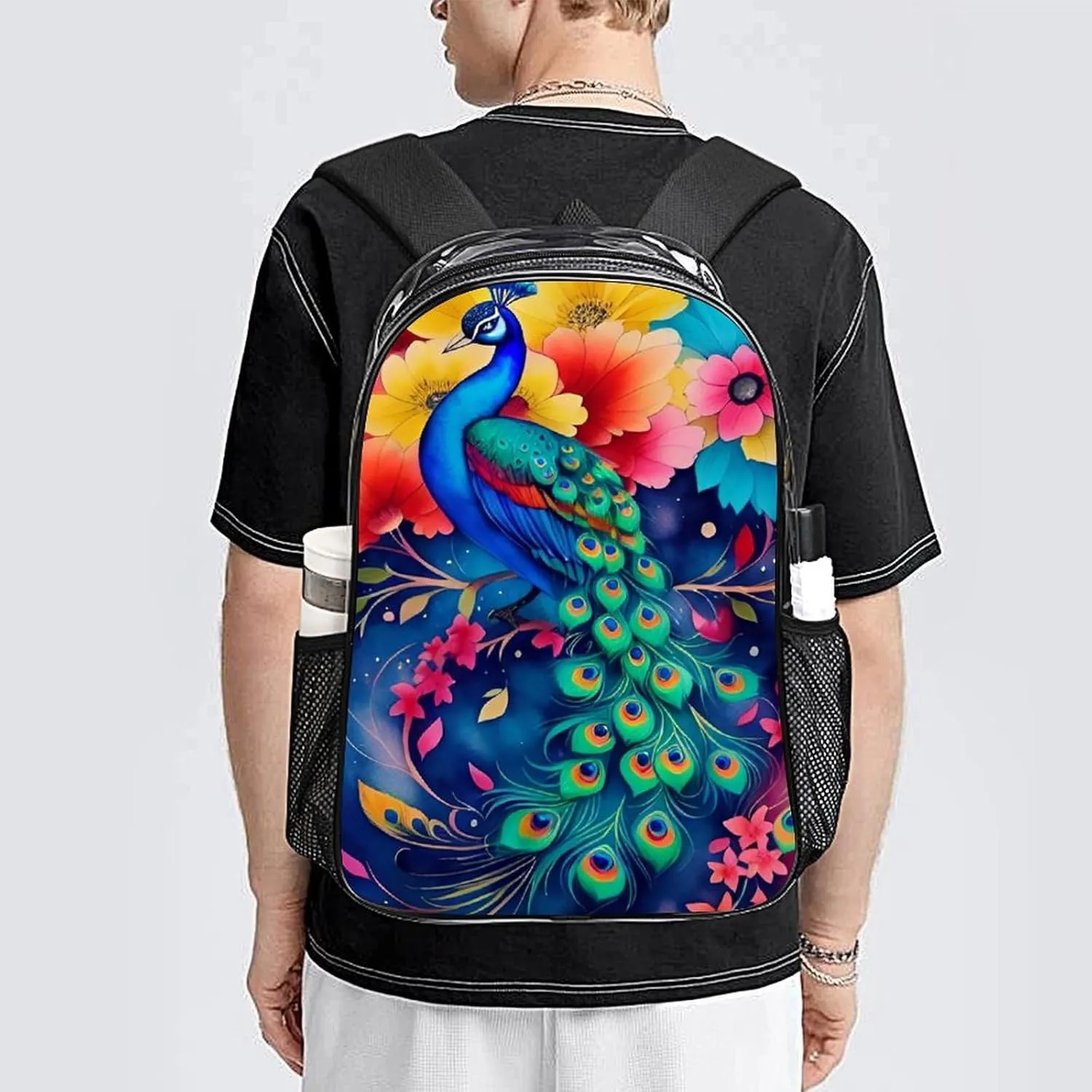 Beautiful Peacock Watercolor Art Rucksacks Lightweight Multipurpose Anti-Theft Shoulder Bag Large Capacity Business Computer Bag Transparent Bag