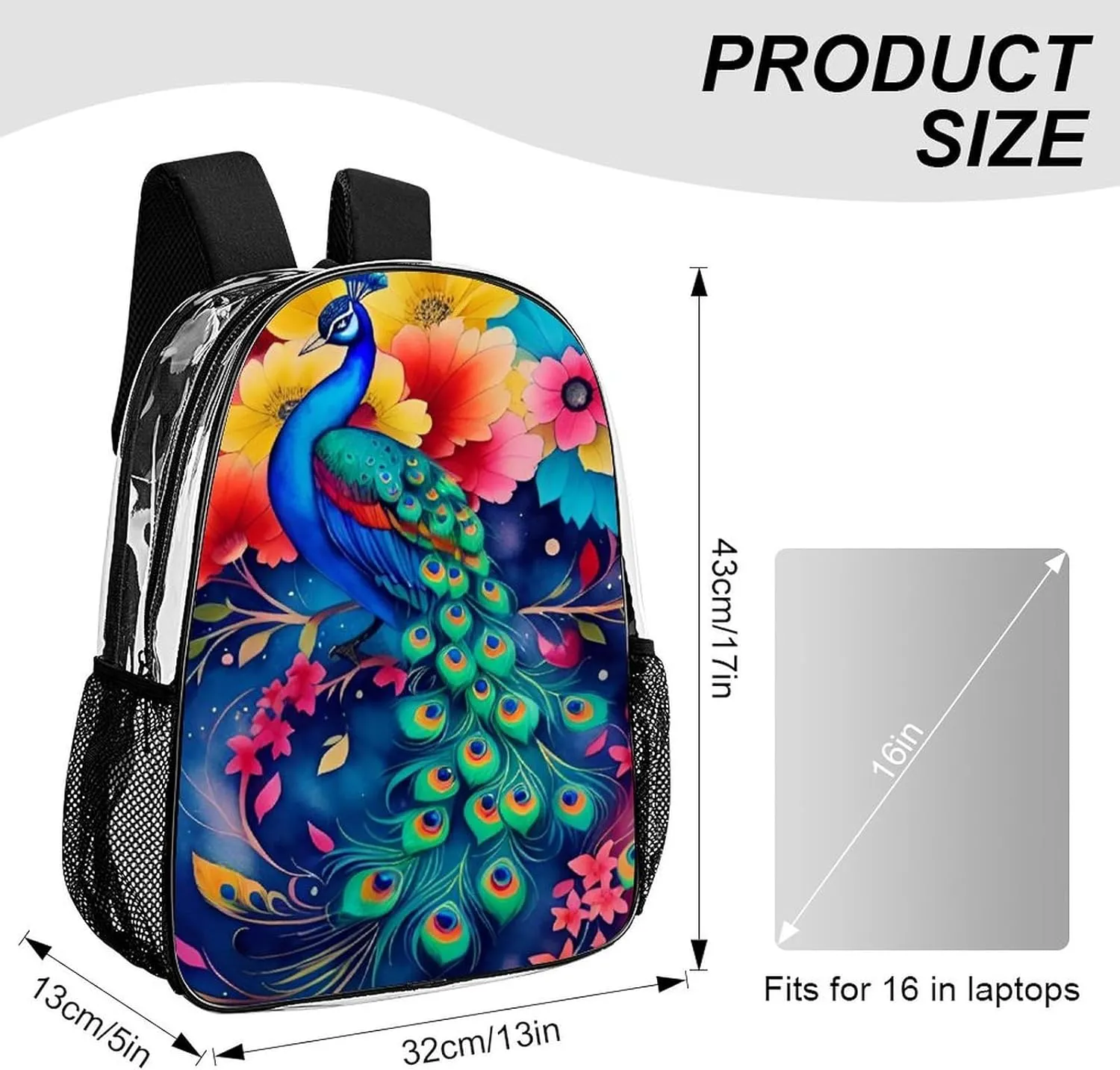 Beautiful Peacock Watercolor Art Rucksacks Lightweight Multipurpose Anti-Theft Shoulder Bag Large Capacity Business Computer Bag Transparent Bag
