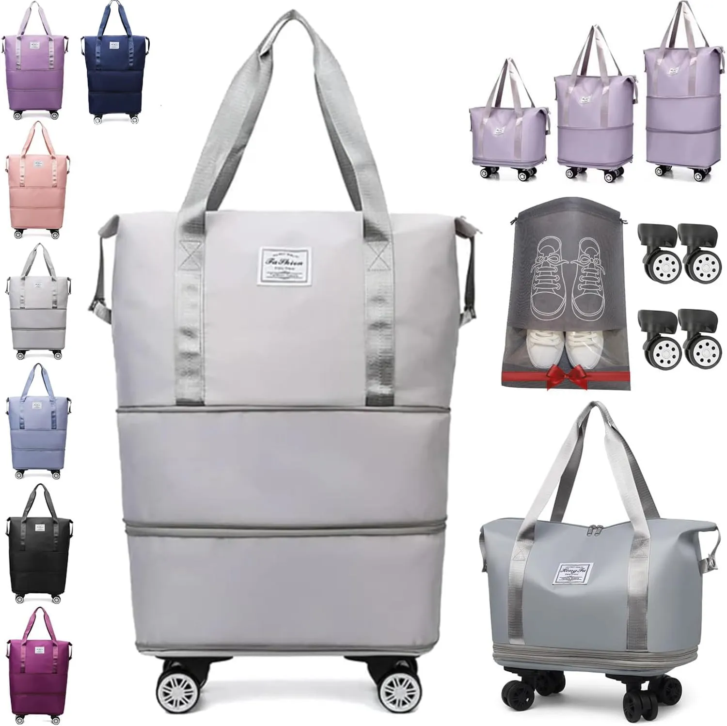 Beente Travel Bag with Wheels, Kulken Travel Bag with Shoe Organizer, 2025 New Large Capacity Travel Bags - Universal Wheel Removable (Gray)