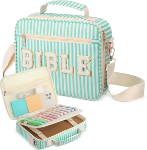Bible Cover Case for Women Large Chenille Letter Stripe Church Bible Bag with Shoulder Strap for Women(Green)